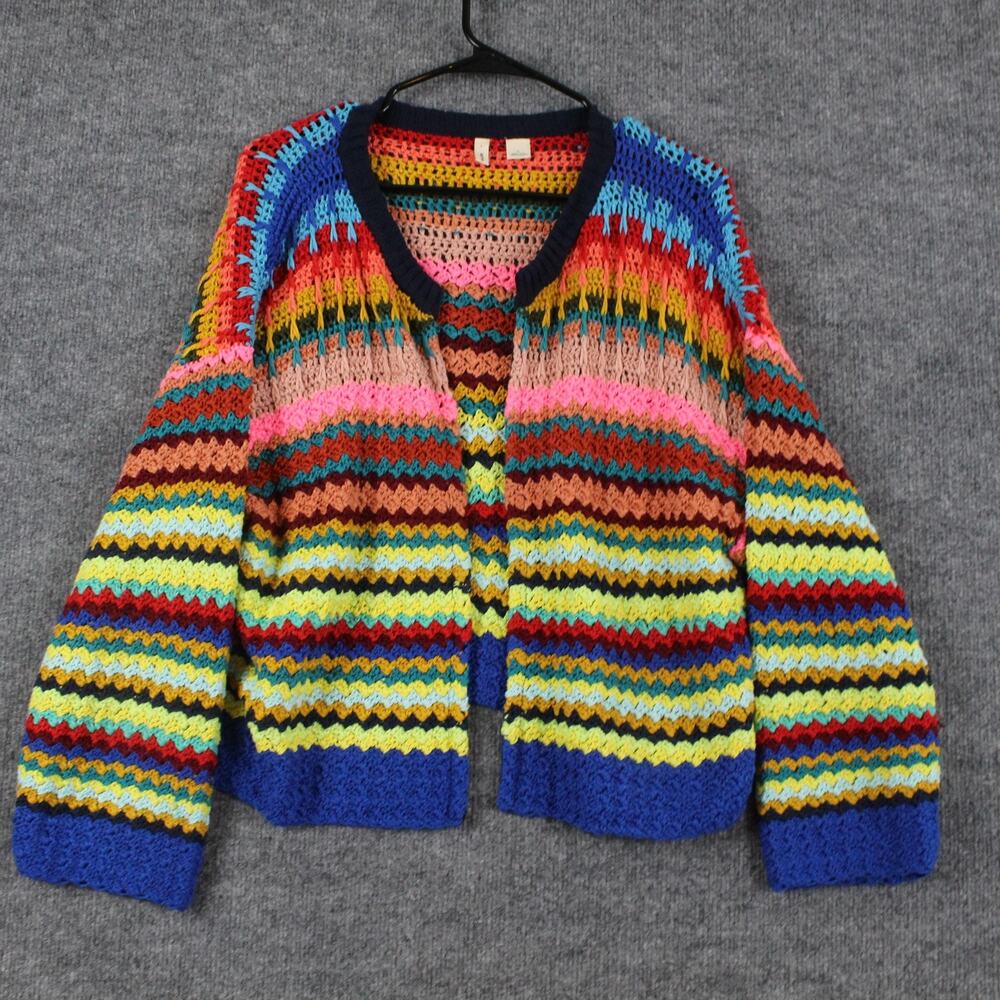 Moth Multicolor Crochet Stripe Cardigan - Blue, Pink, Yellow, Green, Brown - Picture 7 of 15